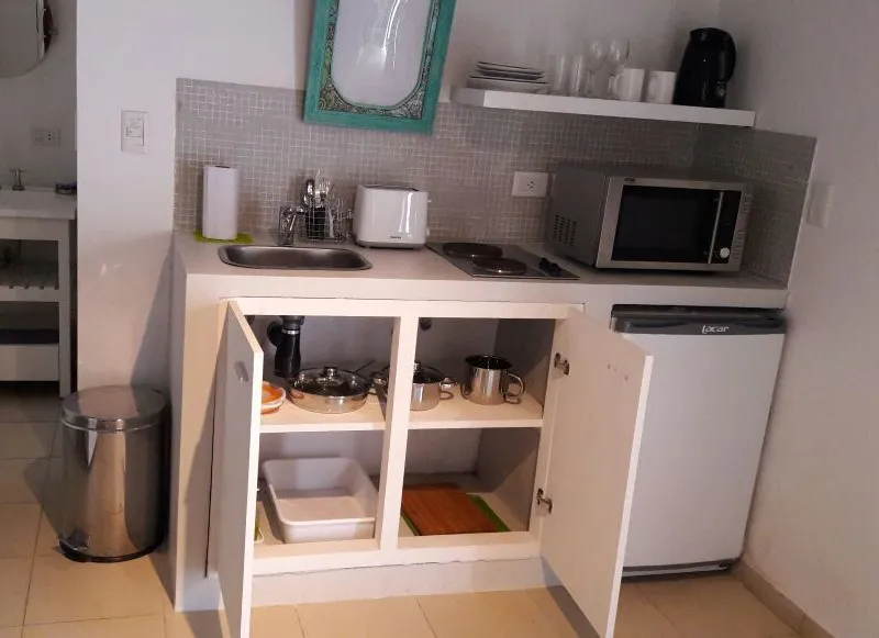 Cocina compacta con anafe, microondas y frigobar